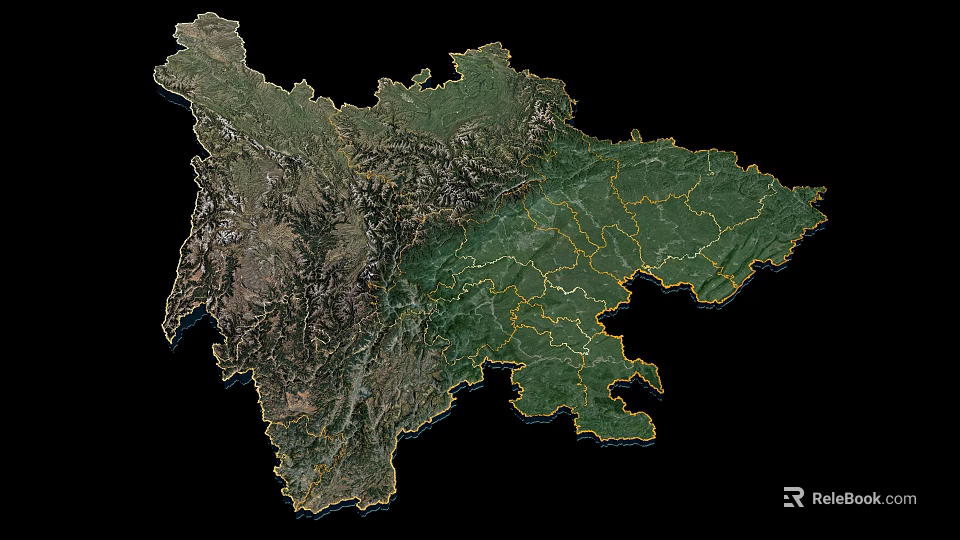 High Resolution Satellite Map of Regional Terrain with Boundaries and Features 3d model