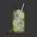 Refreshing Silver Can Drink With Ice Cubes Mint Leaves And Straw On Brown Tray