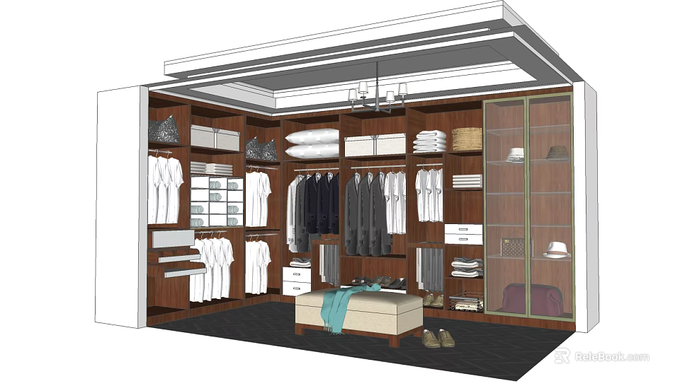 Modern Walk in Closet Storage Design With Wooden Hanging Areas Folded Clothes Bench And Chandelier 3d model 