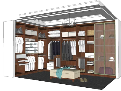 Modern Walk in Closet Storage Design With Wooden Hanging Areas Folded Clothes Bench And Chandelier 3d model