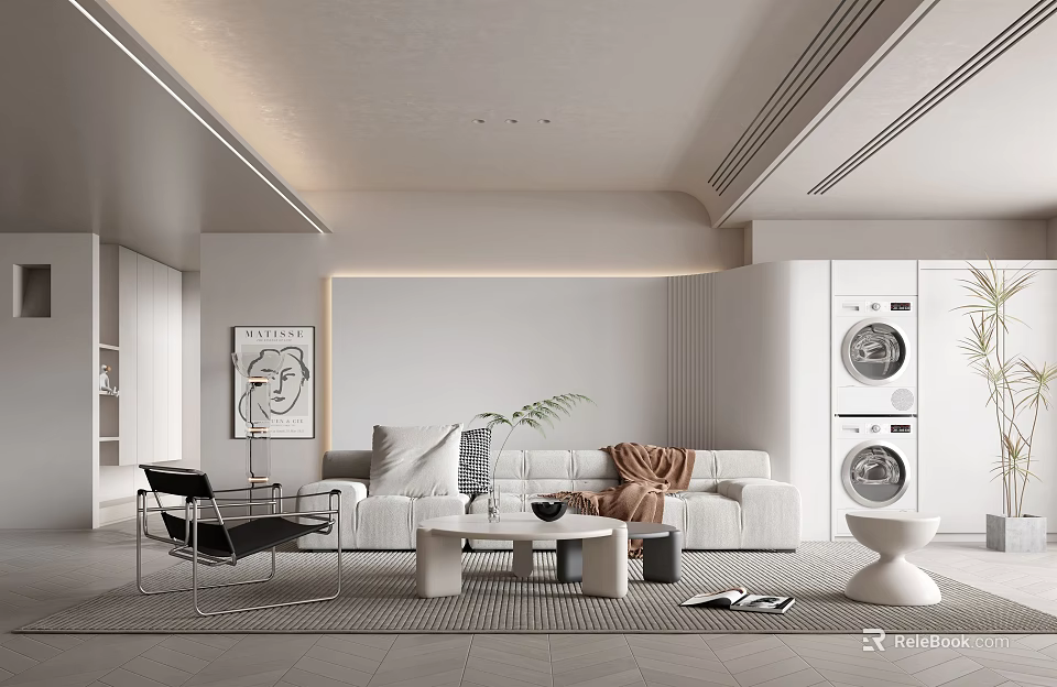Modern Open Concept Living Room Interior With White Sofa Coffee Table And Accent Chair 3d model 