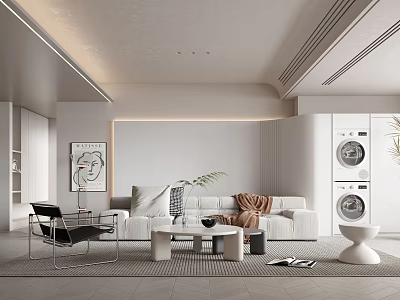 Modern Open Concept Living Room Interior With White Sofa Coffee Table And Accent Chair 3d model