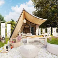 Modern Residential Building With Sloped Roof Wooden Glass Structure And Japanese Scrolls In Courtyard