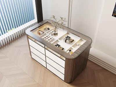Modern Decorative Cabinet with White Drawers Displaying Jewelry Accessories and Flower Arrangement in Illuminated Compartments 3d model