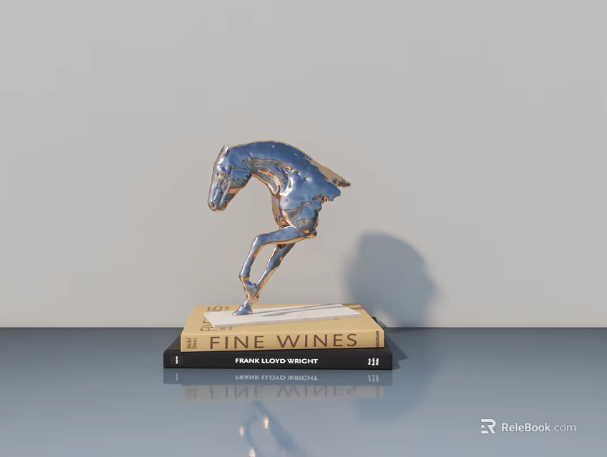 Silver Horse Sculpture Carving with Book Base Featuring Fine Wines and Luxury Brands 3d model 
