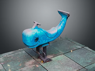 Blue Train Shaped Playground Ride On Stone Pavement With Fallen Leaves 3d model