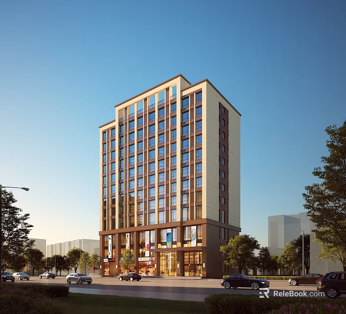 Urban Modern High Rise Residential Building With Large Windows Along Street With Trees And Cars 3d model 