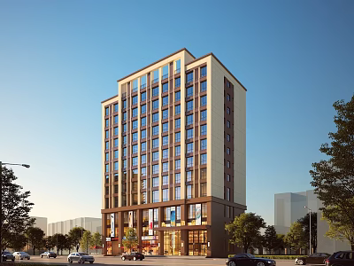 Urban Modern High Rise Residential Building With Large Windows Along Street With Trees And Cars 3d model