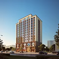 Urban Modern High Rise Residential Building With Large Windows Along Street With Trees And Cars