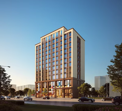 Urban Modern High Rise Residential Building With Large Windows Along Street With Trees And Cars 3d model