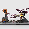 Block Built Tower Scene With Cherry Blossom Trees And Mech 3d model