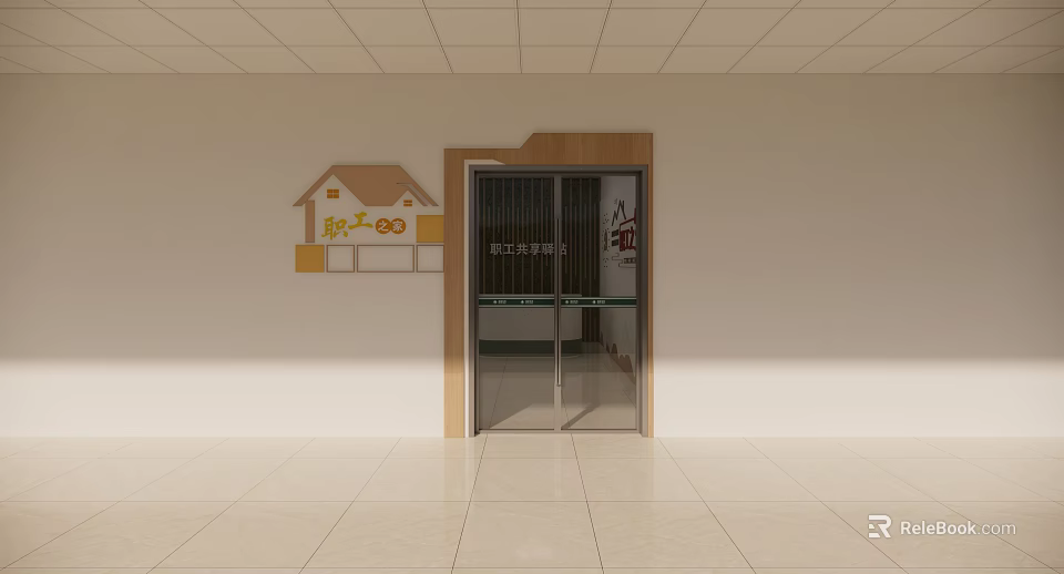 Office Hallway With Glass Doors Wooden Frame And Wall Signage On Tiled Floor 3d model 