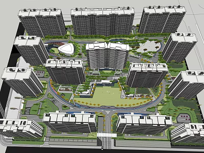 Residential Complex Layout with High-rise Buildings Central Green Space and Roads 3d model