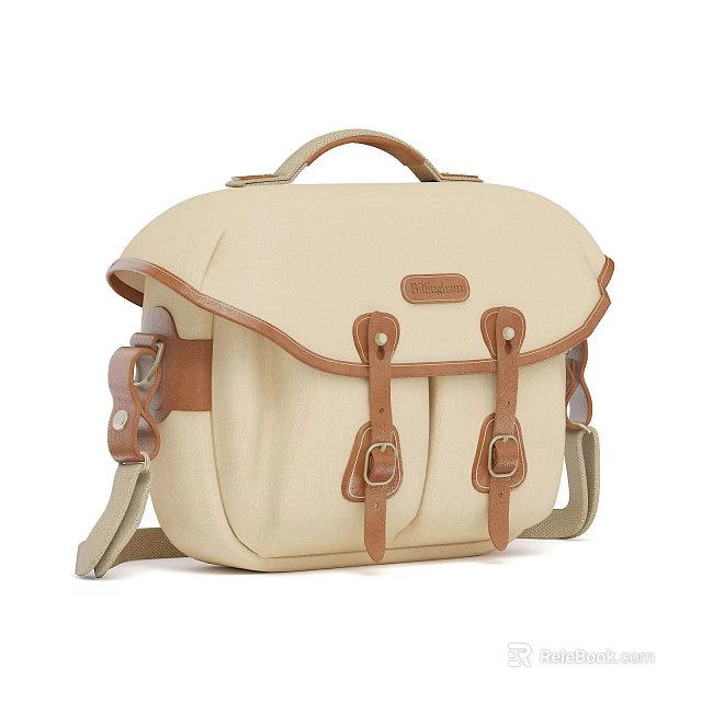 Beige Camera Bag With Brown Leather Buckles And Shoulder Straps 3d model