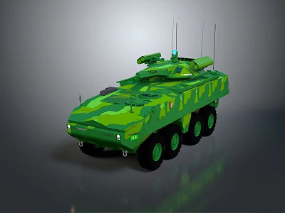 Tactical Green Camouflage Military Vehicle With Six Wheeled Structure And Roof Antenna 3d model