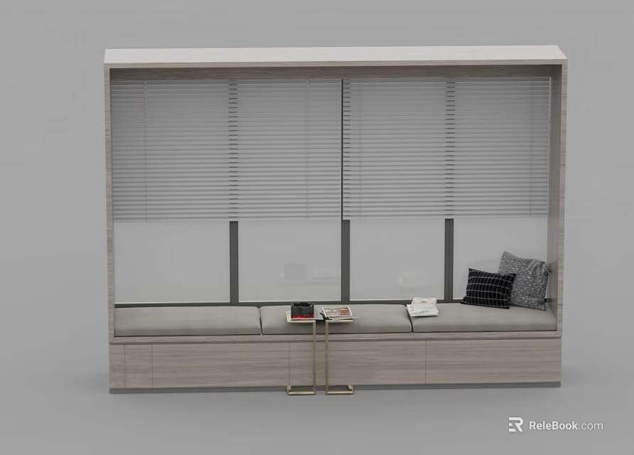 Wooden Blinds in Modern Window Space with Bench Throw Pillows Small Table and Books 3d model 