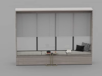 Wooden Blinds in Modern Window Space with Bench Throw Pillows Small Table and Books 3d model