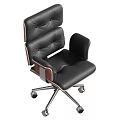 Modern Black Leather Office Chair With Button Tufted Backrest Wooden Armrests And Metal Base