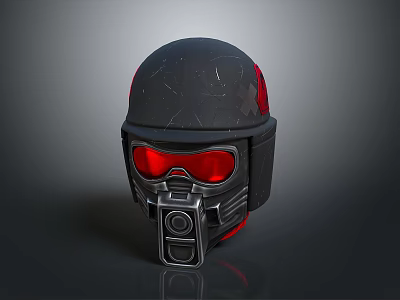 Black Cracked Helmet With Red Goggles And Futuristic Tactical Breathing Design 3d model