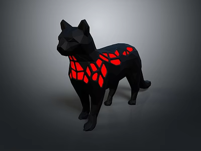 Black Cat Figure With Low Poly Design And Red Glowing Cracked Patterns 3d model