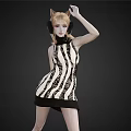 Woman Wearing Cat Ear Headband And Black White Striped Dress Raising Hand Against Dark Background