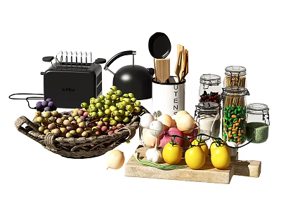 Complete Kitchenware Collection Featuring Toaster Kettle Wooden Spoons Spice Jars With Fresh Grapes Lemons Olives 3d model