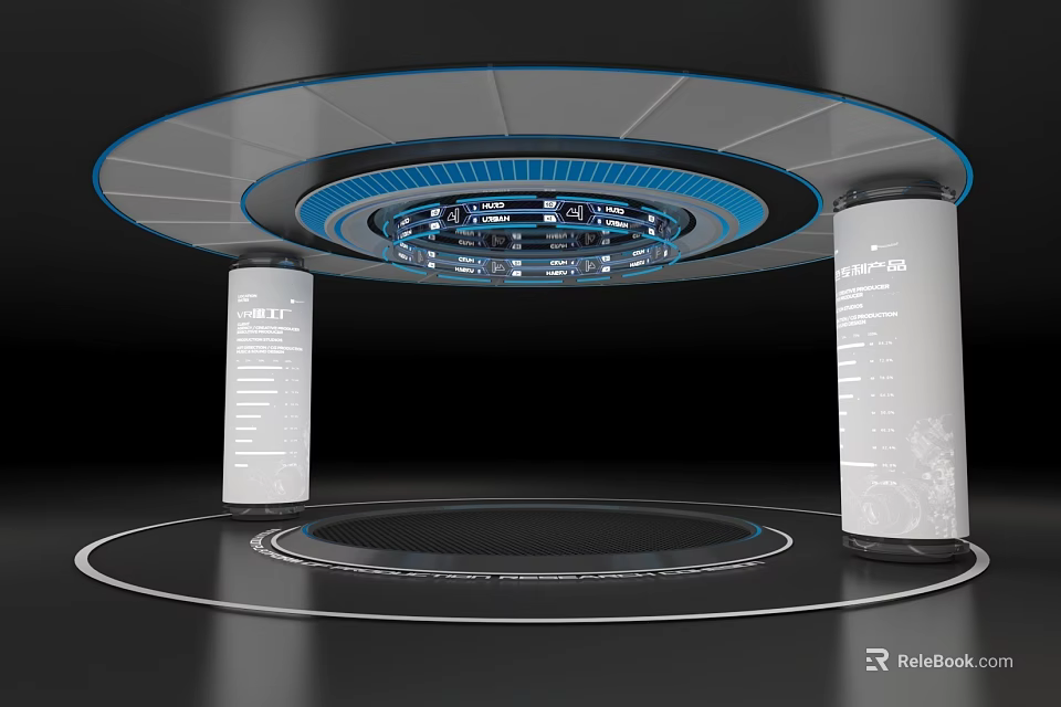 Futuristic Art Installation With Circular Ceiling Blue Ring And Pillars On Round Floor Platform 3d model