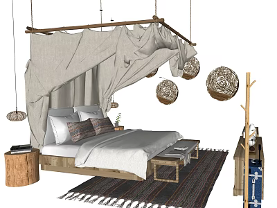 Rustic Double Bed Interior With Canopy Wooden Frame Pillows Hanging Decorative Balls And Rug 3d model