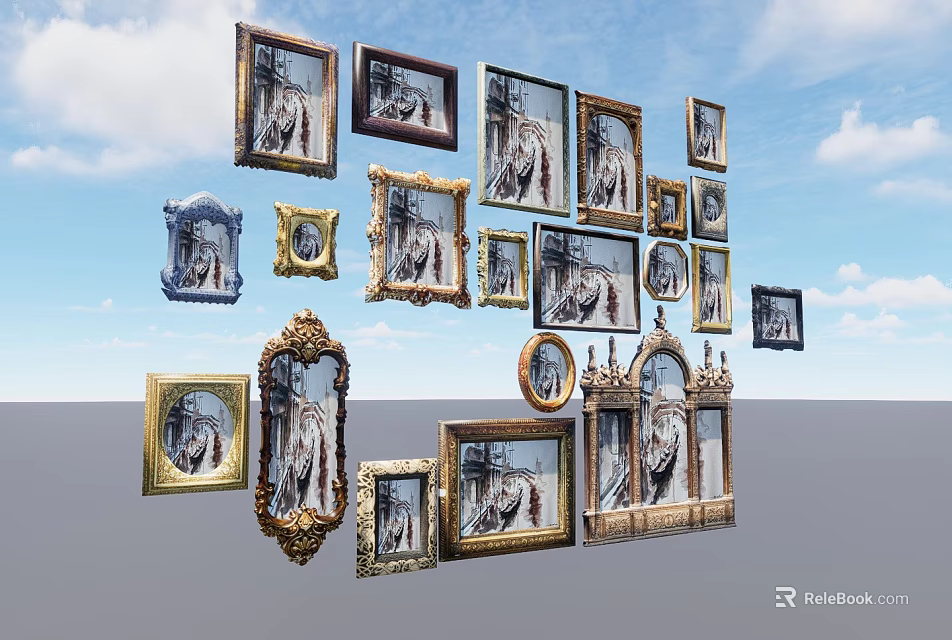 Various Ornate Picture Frames in Creative Floating Display Against Blue Sky Background 3d model 