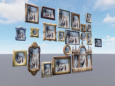 Various Ornate Picture Frames in Creative Floating Display Against Blue Sky Background 3d model