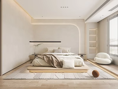 Modern Minimalist Bedroom Interior With Platform Bed Round Rug White Armchair And Natural Light 3d model