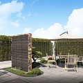 Serene Garden Landscape With Pavilion Stone Wall Outdoor Seating And Lush Trees