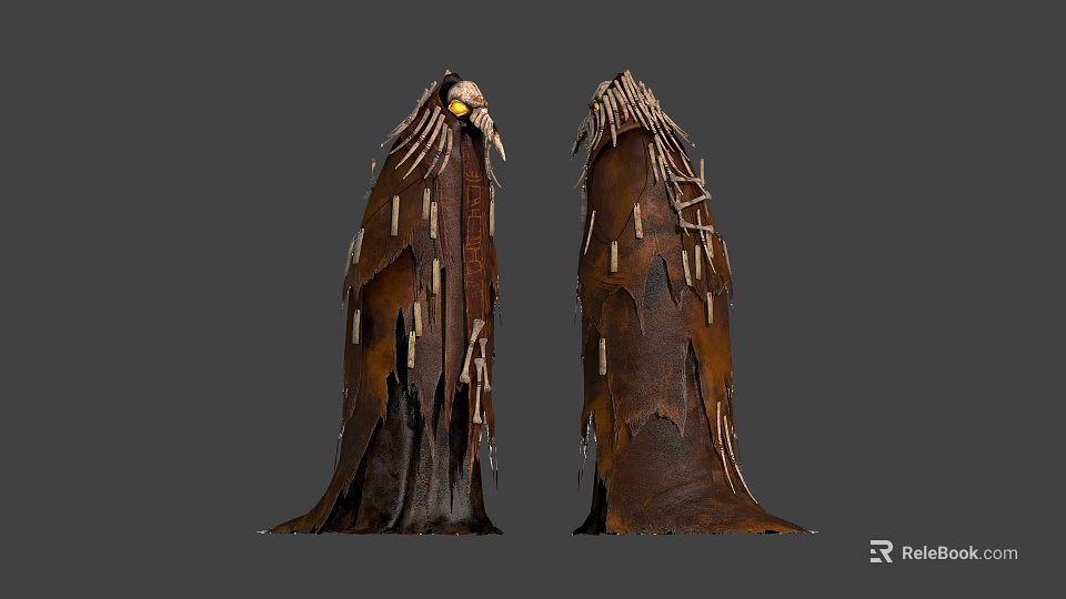 Man Wearing Tattered Brown Robe With Spikes And Feather Decorations Front Back Design 3d model 