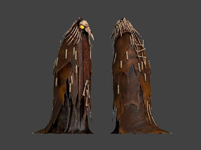Man Wearing Tattered Brown Robe With Spikes And Feather Decorations Front Back Design 3d model
