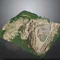 Open Pit Mining Terrain Featuring Layered Excavation Green Vegetation And Central Water Pool 3d model