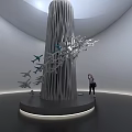 Airplane Models Arranged On Modern Sculpture In Exhibition Hall With Visitor Taking