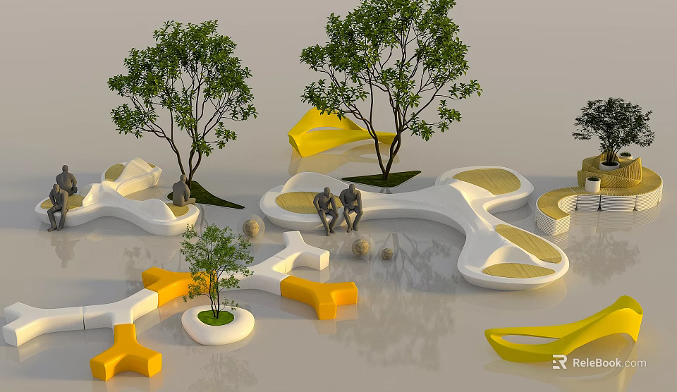 Modern Outdoor Leisure Space With Curved Seats Yellow Accents And Trees 3d model 