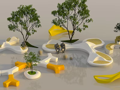 Modern Outdoor Leisure Space With Curved Seats Yellow Accents And Trees 3d model
