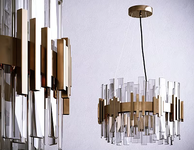 Elegant Modern Chandelier With Clear Glass Strips And Golden Geometric Frame 3d model