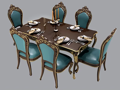 Ornate Dining Table Set with Blue Upholstered Chairs Gold Accents Tableware and Candle Holder 3d model