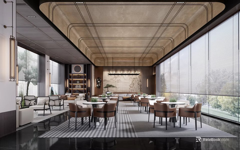 Elegant Modern Lounge Area Interior With Large Windows Tables Chairs Bookshelf And Green Plants 3d model 