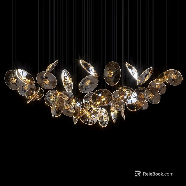 Contemporary Chandelier Featuring Petal Shaped Metallic Discs Glowing In Black 3d model