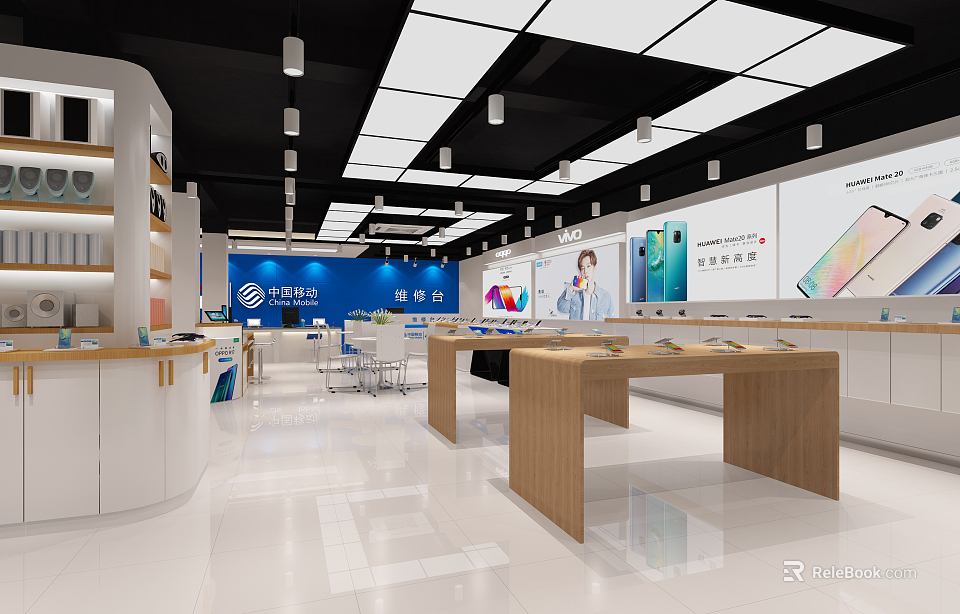 Modern Digital Store Interior With Smartphones Display Wooden Counters And Bright Lighting 3d model 