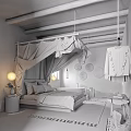 Minimalist Hotel Guest Room With Wooden Beams White Netting And Circular Woven Decor