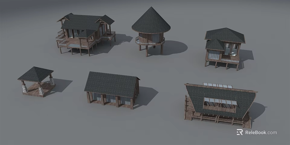 Detached Villa Designs With Conical Roofs Wooden Structures And Terraces 3d model 