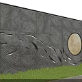 Natural Stone Feature Wall With Carved Wave Patterns And Circular Moon Design Elements 3d model