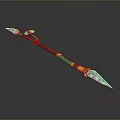 Decorative Long Staff Weapon With Brown Handle Green Accents Blue Tip And Golden Details