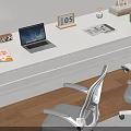 Modern White Desk Home Office With Laptop Calendar Plant Books Lamp And Two Ergonomic Chairs