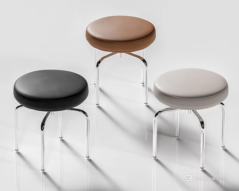Modern Minimalist Upholstered Stools with Black Brown Light Gray Seats and Metal Legs 3d model 