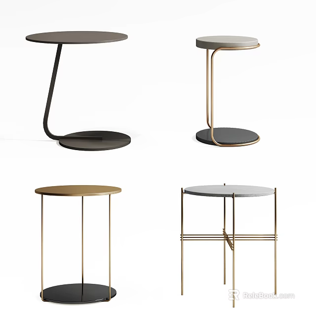 Modern Round Side Tables With Gold Black Metal Frames And Sleek Surfaces 3d model 